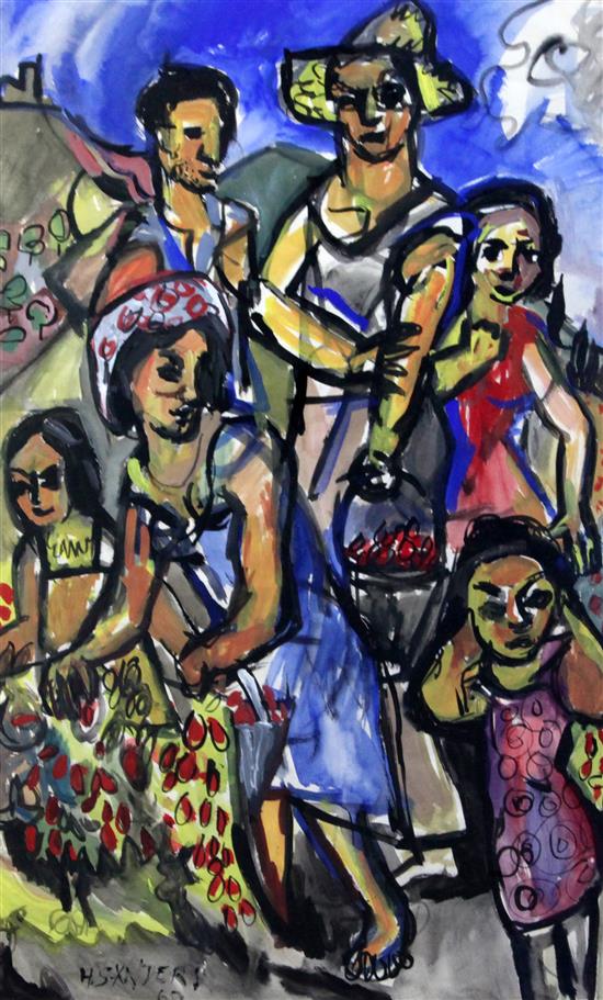 Henry Sanders (1918-1982) Family on a hillside 21.5 x 14in.